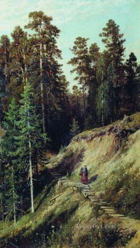 風景 Painting - 森の中 キノコのある森から 1883年の古典的な風景 イワン・イワノビッチの木